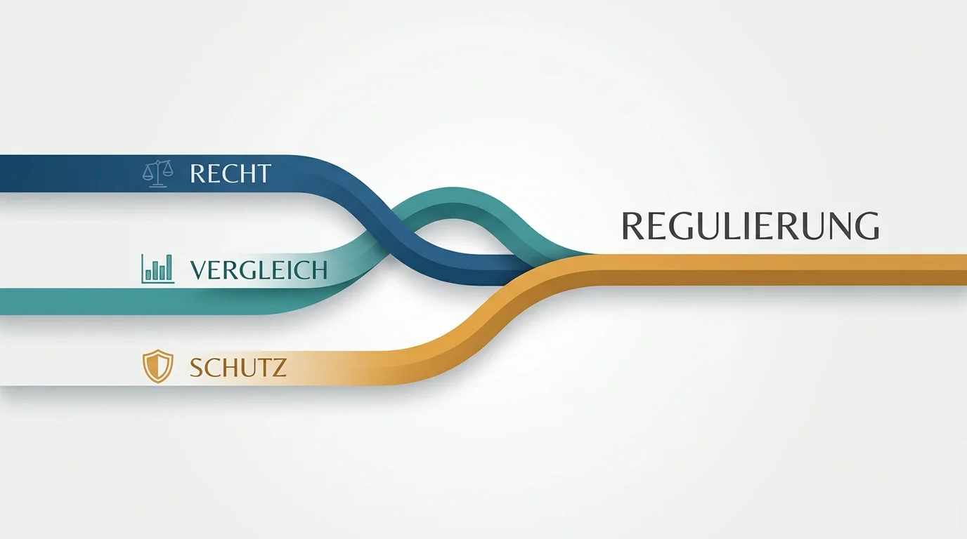 Visualisierung dreier verbundener Themenstränge Regulierung, Anbietervergleich und Spielerschutz