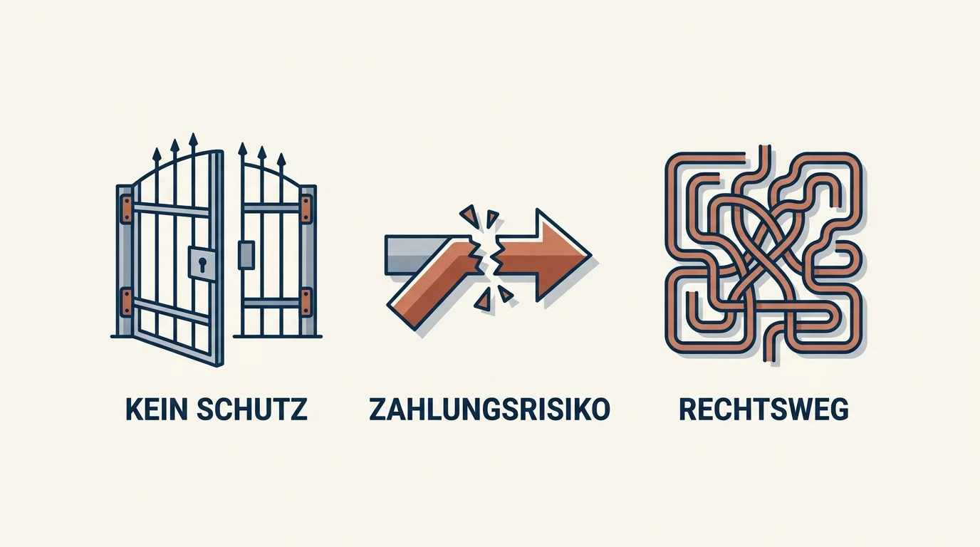 Darstellung dreier Risikobereiche fehlender Schutz, Zahlungsrisiko und erschwerter Rechtsweg